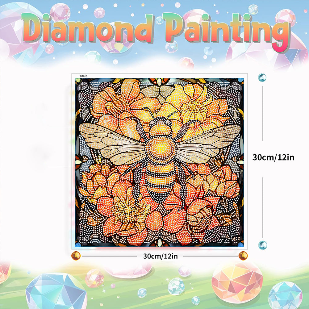 Diamond Painting Sticker Gem Sticker for Kid Gift30x30cm(Stain Glass Bee Flower)