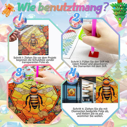 Diamond Painting Sticker Gem Sticker for Kid Gift 30x30cm (Stain Glass Bee Rose)