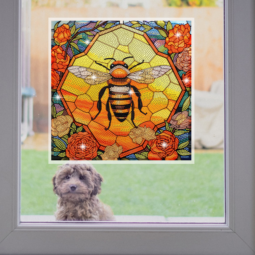 Diamond Painting Sticker Gem Sticker for Kid Gift 30x30cm (Stain Glass Bee Rose)