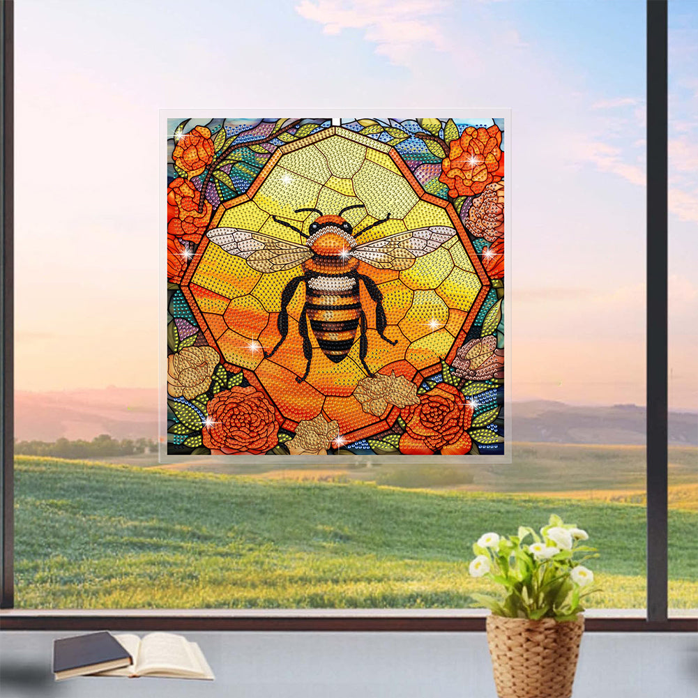 Diamond Painting Sticker Gem Sticker for Kid Gift 30x30cm (Stain Glass Bee Rose)