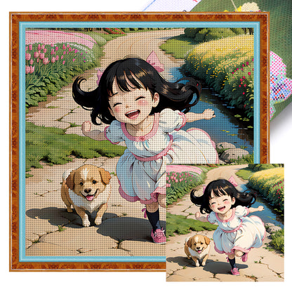 Dog Walking Girl - 11CT Stamped Cross Stitch 50*50CM