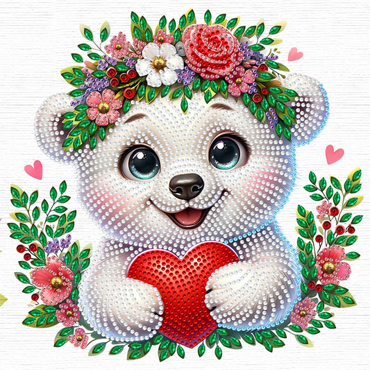 White Bear Wearing Flowers - Special Shaped Drill Diamond Painting 30*30CM