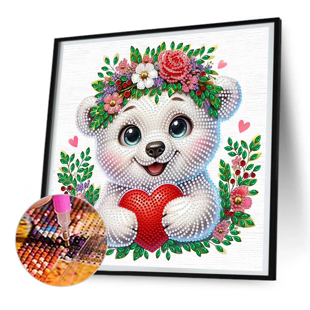 White Bear Wearing Flowers - Special Shaped Drill Diamond Painting 30*30CM