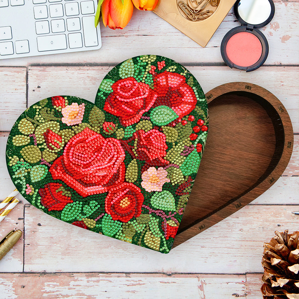 Wood DIY Diamond Painting Jewelry Organizer Box Kit for Adults Kids (Heart Rose)