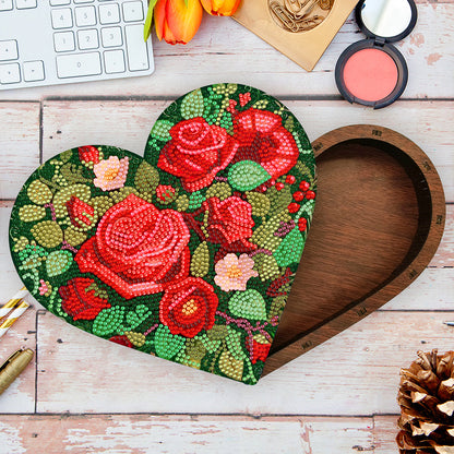 Wood DIY Diamond Painting Jewelry Organizer Box Kit for Adults Kids (Heart Rose)