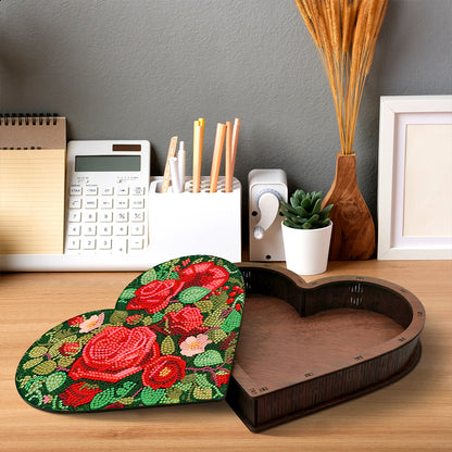 Wood DIY Diamond Painting Jewelry Organizer Box Kit for Adults Kids (Heart Rose)