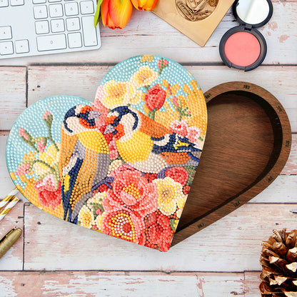 Wood DIY Diamond Painting Jewelry Box Kit for Adults Kids (Heart Flower Bird)