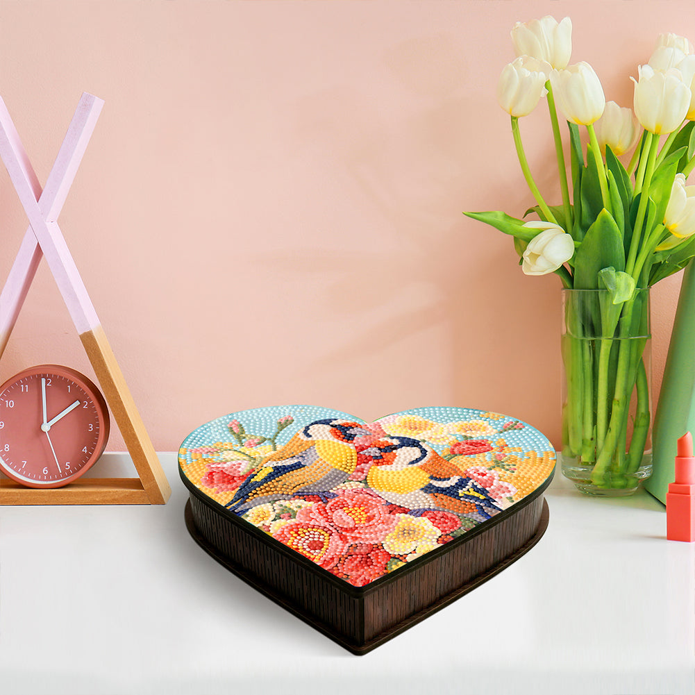 Wood DIY Diamond Painting Jewelry Box Kit for Adults Kids (Heart Flower Bird)