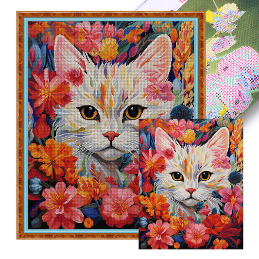 Cat In Flowers - 14CT Stamped Cross Stitch 51*63CM(Joy Sunday)