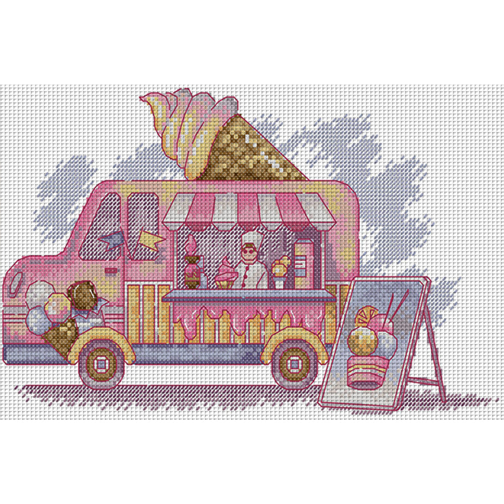 Ice Cream Truck - 14CT Stamped Cross Stitch 31*19CM(Joy Sunday)