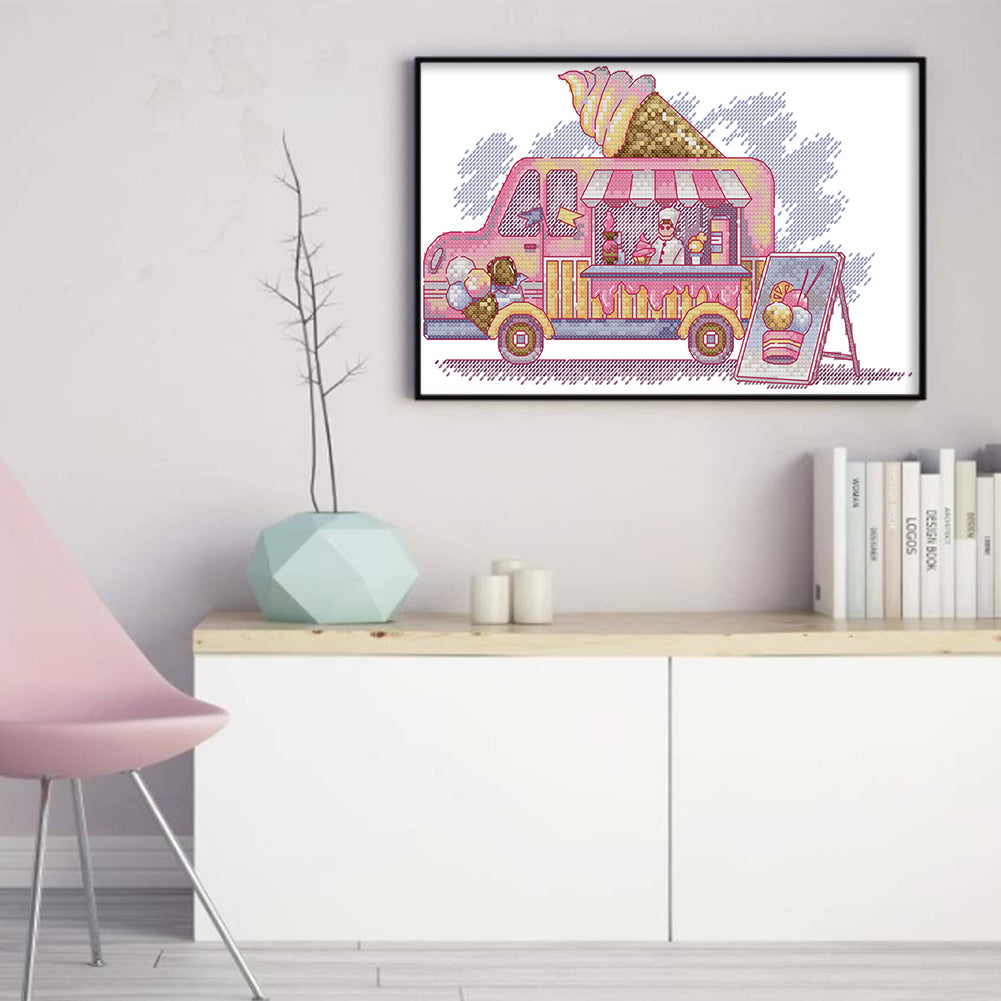 Ice Cream Truck - 14CT Stamped Cross Stitch 31*19CM(Joy Sunday)