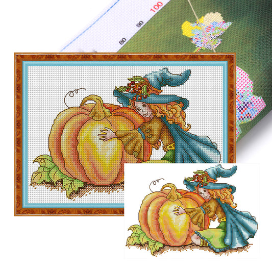 Witch And Pumpkin - 14CT Stamped Cross Stitch 27*19CM(Joy Sunday)