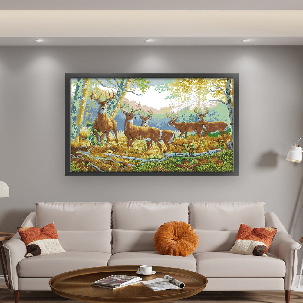 Five Deer In The Forest - 11CT Stamped Cross Stitch 77*52CM(Joy Sunday)