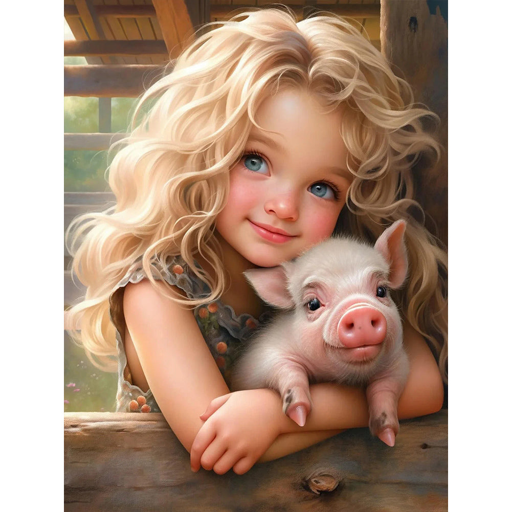 Little Girl Holding Animals - Full Square Drill Diamond Painting 30*40CM