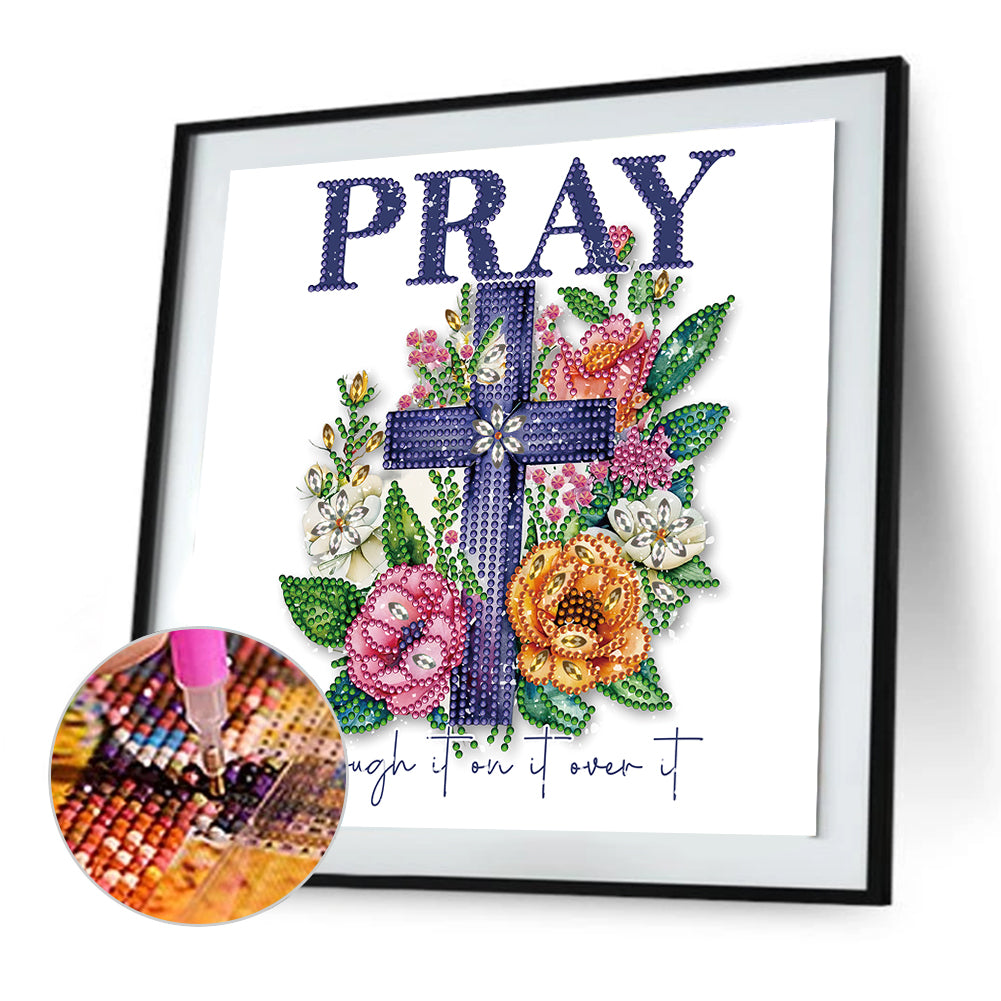 Flowers Cross Calligraphy And Painting - Special Shaped Drill Diamond Painting 30*30CM