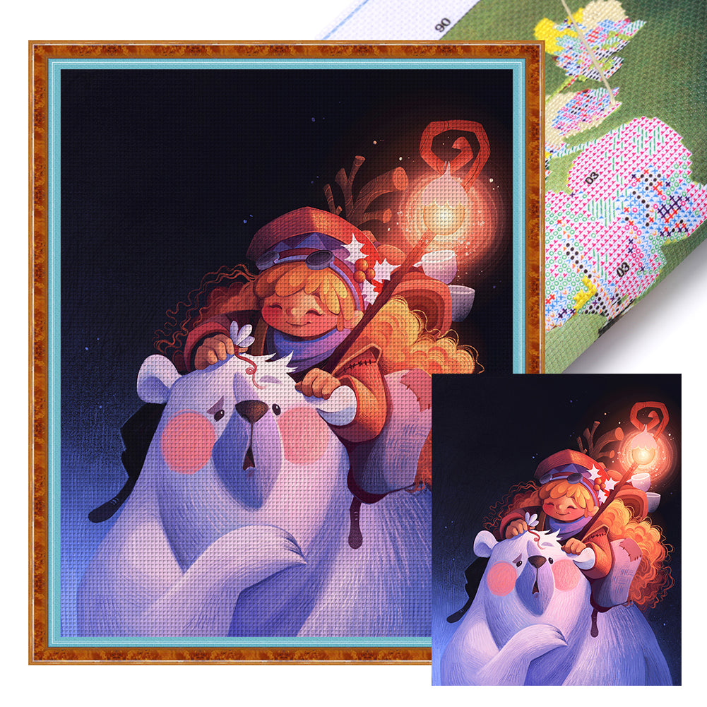 Girl And Big White Bear - 11CT Stamped Cross Stitch 40*50CM