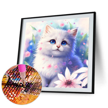 Flowers And White Cat - Full Round Drill Diamond Painting 30*30CM