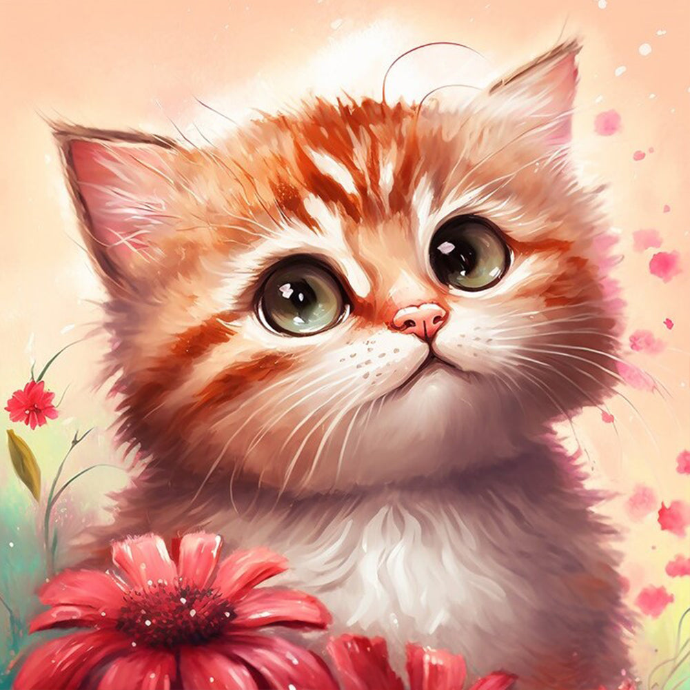 Flower And Orange Cat - Full Round Drill Diamond Painting 30*30CM