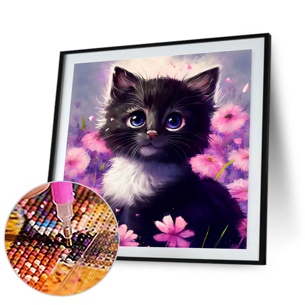 Purple Flower And Black Cat - Full Round Drill Diamond Painting 30*30CM