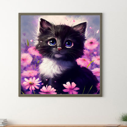Purple Flower And Black Cat - Full Round Drill Diamond Painting 30*30CM