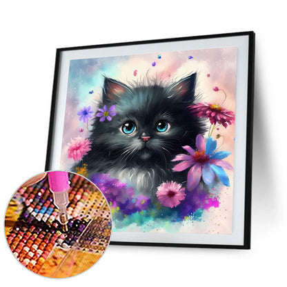 Flowers And Black Cat - Full Round Drill Diamond Painting 30*30CM
