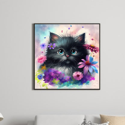 Flowers And Black Cat - Full Round Drill Diamond Painting 30*30CM