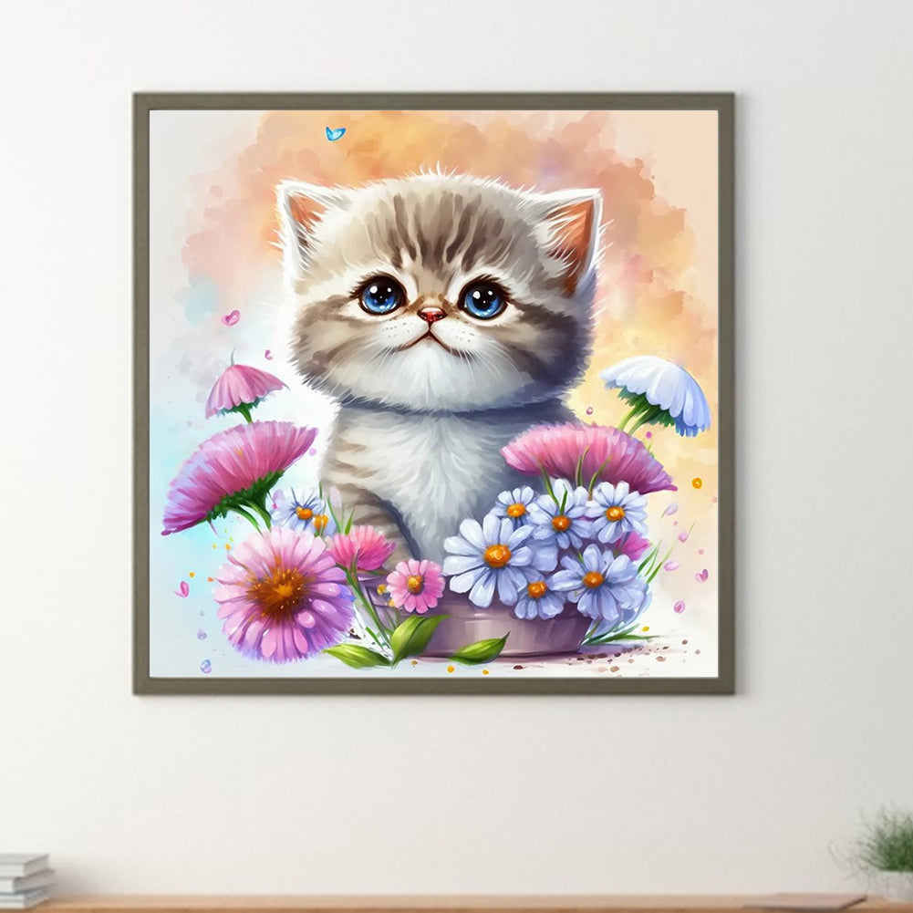 Cat In Flowerpot - Full Round Drill Diamond Painting 30*30CM