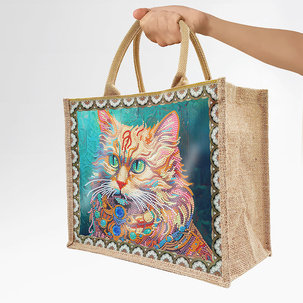 Linen Diamond Painting Tote Bag Replaceable Canvas for Women Adults Craft (Cat)
