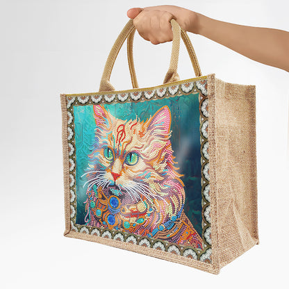 Linen Diamond Painting Tote Bag Replaceable Canvas for Women Adults Craft (Cat)