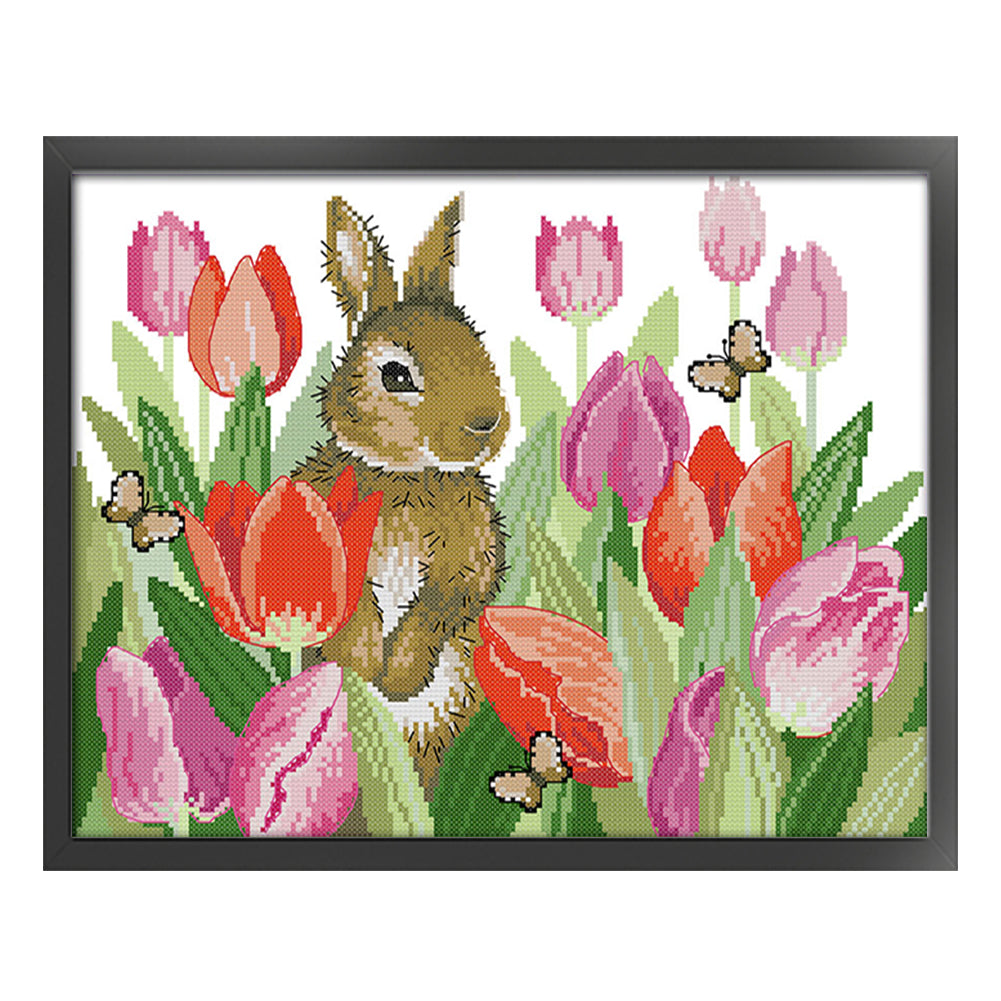 Rabbit In Tulips - 11CT Stamped Cross Stitch 48*40CM(Joy Sunday)