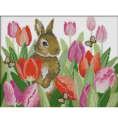 Rabbit In Tulips - 11CT Stamped Cross Stitch 48*40CM(Joy Sunday)