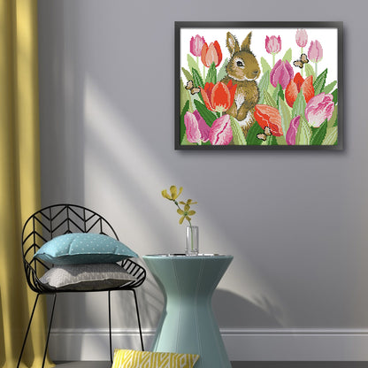 Rabbit In Tulips - 11CT Stamped Cross Stitch 48*40CM(Joy Sunday)