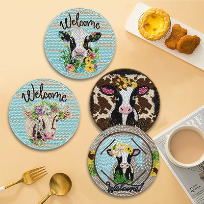 4 Pcs Wooden Diamond Painted Placemats Tableware Mat with Holder (Milk Cow)