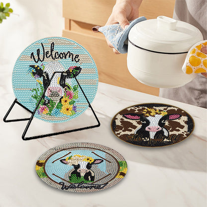 4 Pcs Wooden Diamond Painted Placemats Tableware Mat with Holder (Milk Cow)