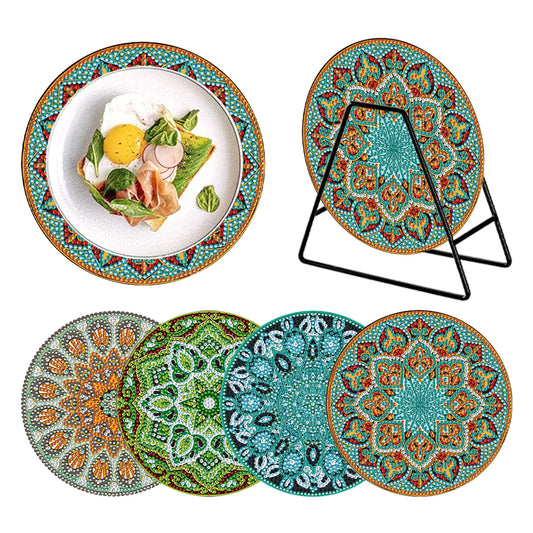 4 Pcs Wooden Diamond Painted Placemats Tableware Mat with Holder (Datura)