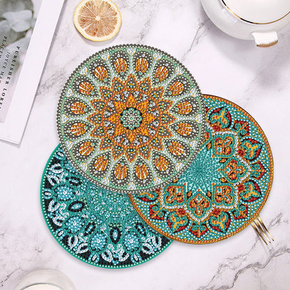 4 Pcs Wooden Diamond Painted Placemats Tableware Mat with Holder (Datura)