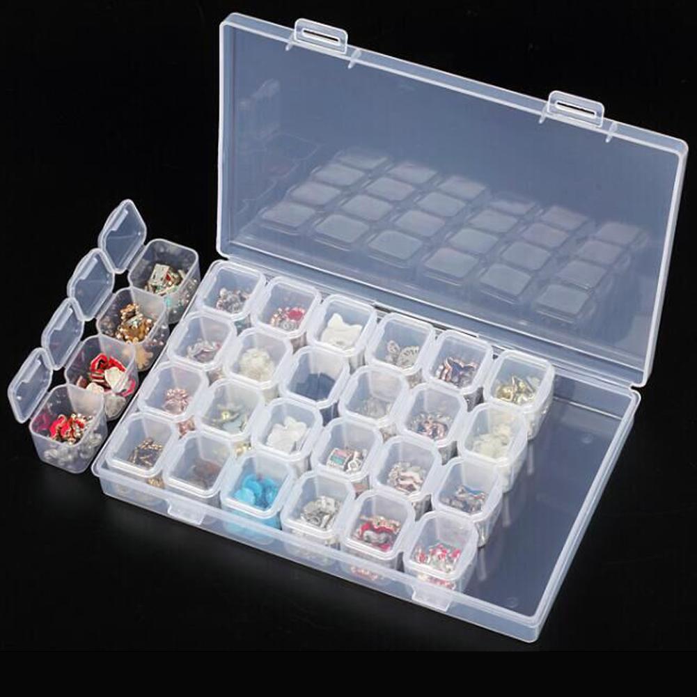 Plastic 28 Slots Clear Nail Tools Jewelry Storage Box Case Organizer Beads