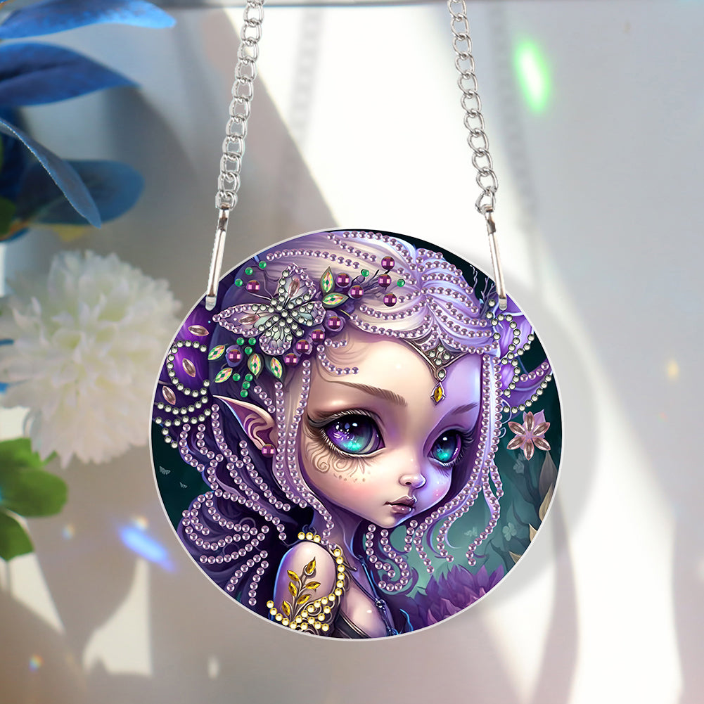 Acrylic Single-Sided 5D DIY Diamond Painting Hanging Pendant(Purple-Haired Girl)