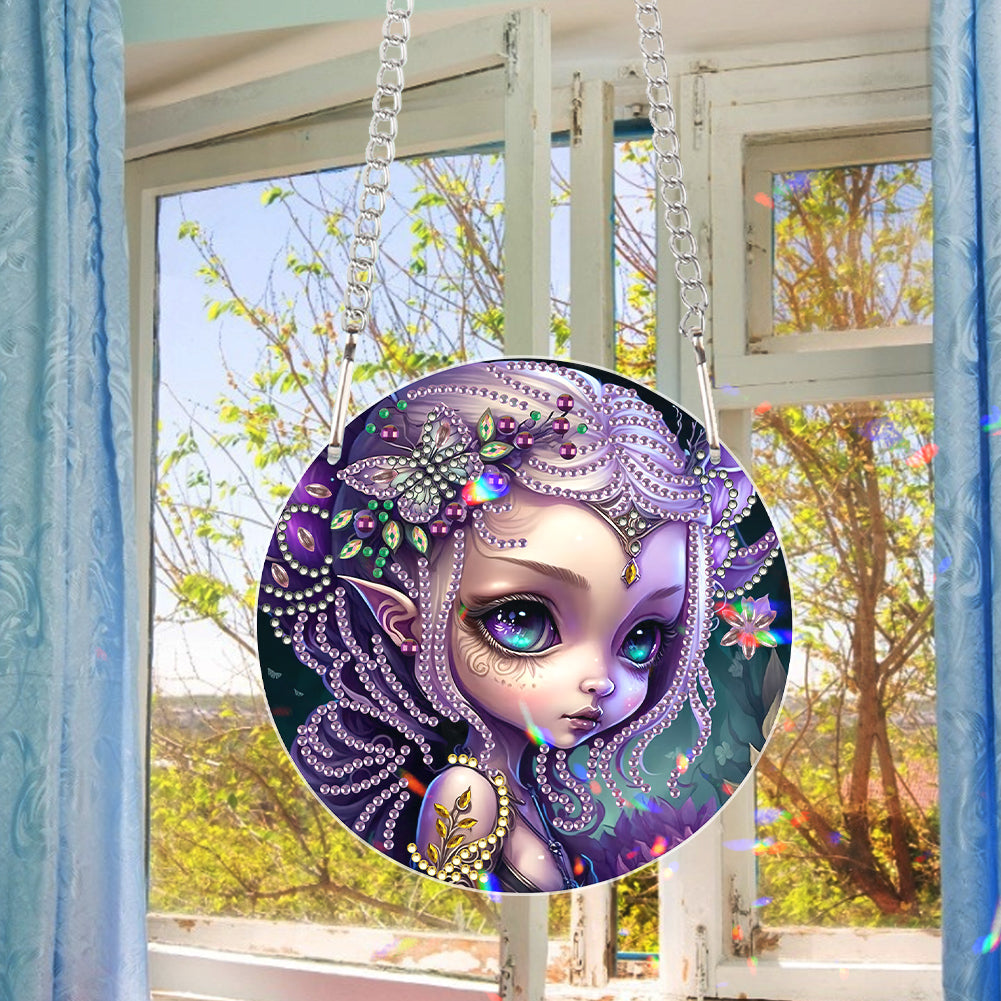 Acrylic Single-Sided 5D DIY Diamond Painting Hanging Pendant(Purple-Haired Girl)