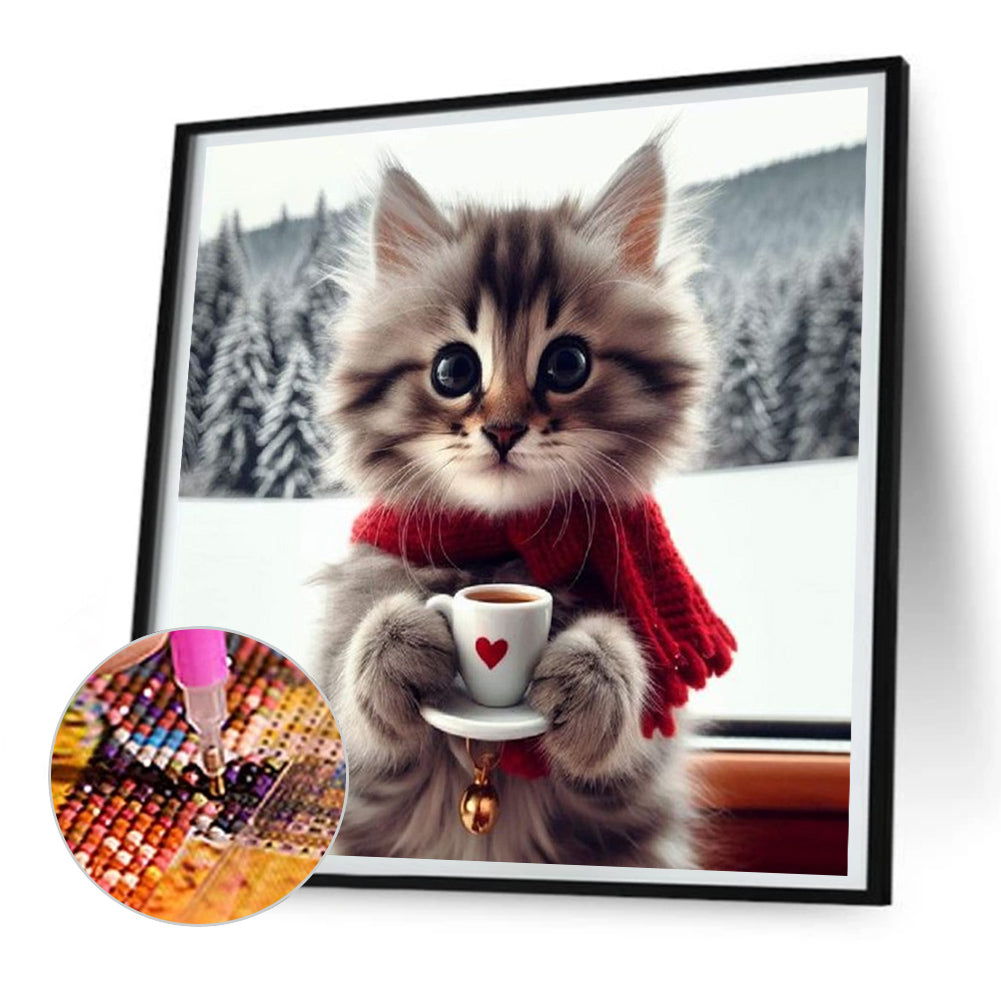 Cat Drinking Coffee - Full Round Drill Diamond Painting 30*30CM