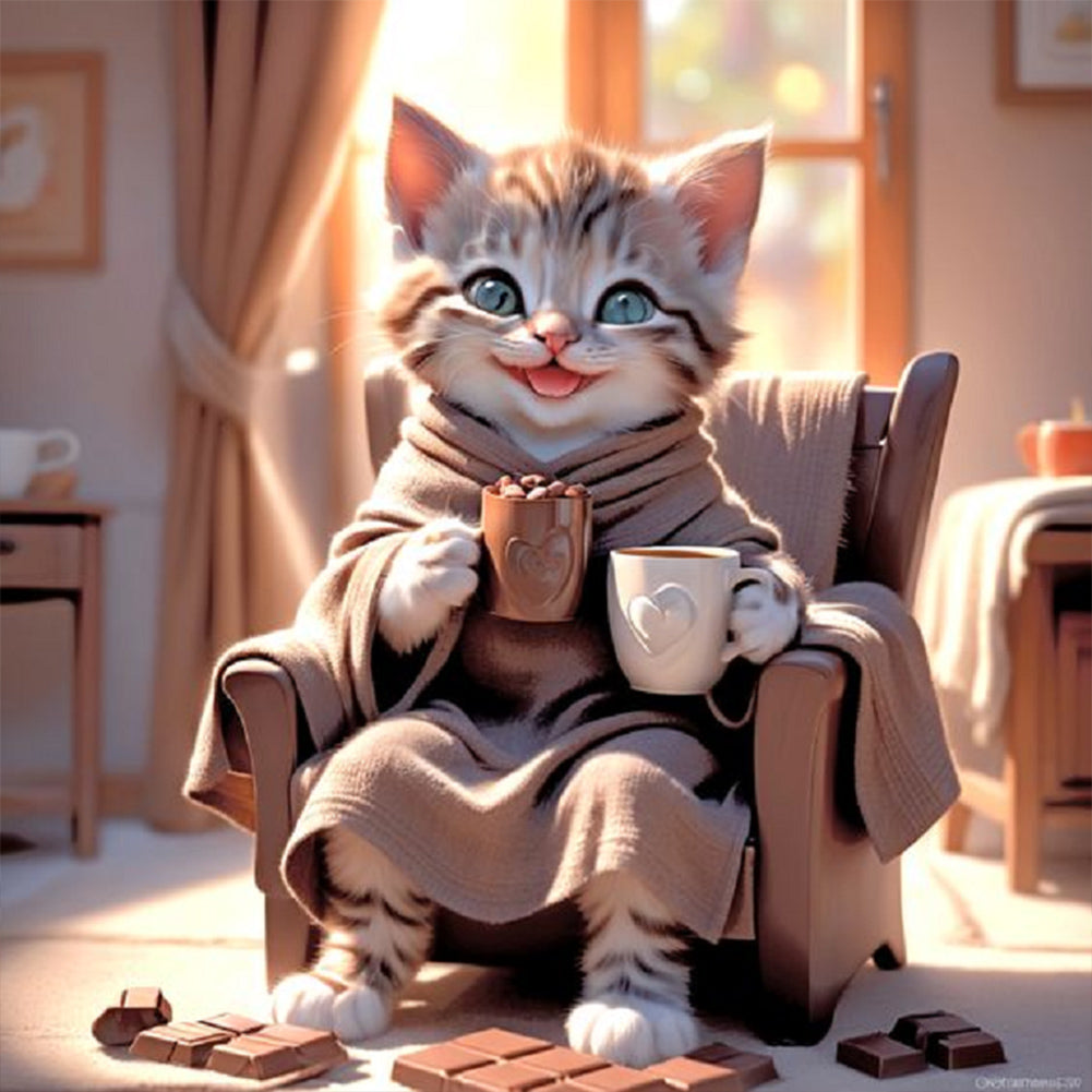 Cat Drinking Coffee - Full Round Drill Diamond Painting 30*30CM