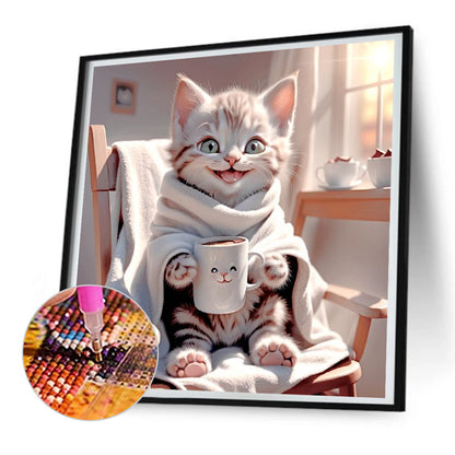 Cat Drinking Coffee - Full Round Drill Diamond Painting 30*30CM