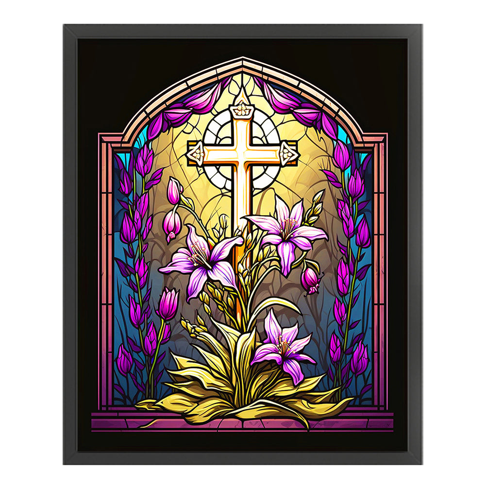 Glass Painting - Cross And Lilies - 11CT Stamped Cross Stitch 40*50CM