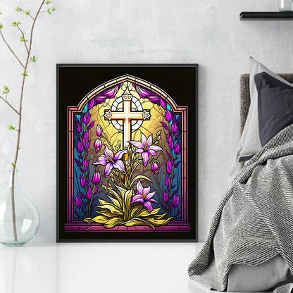 Glass Painting - Cross And Lilies - 11CT Stamped Cross Stitch 40*50CM