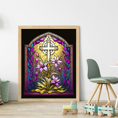 Glass Painting - Cross And Lilies - 11CT Stamped Cross Stitch 40*50CM