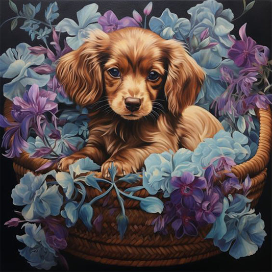 Puppy In Flower Basket - Full Round Drill Diamond Painting 30*30CM
