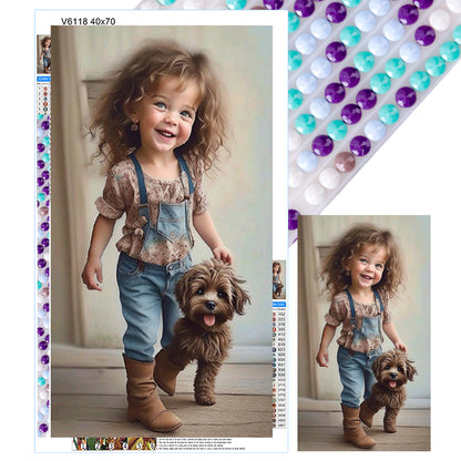 Little Girl With Puppy - Full Round Drill Diamond Painting 40*70CM