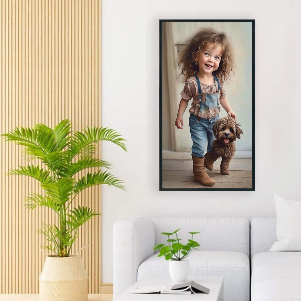 Little Girl With Puppy - Full Round Drill Diamond Painting 40*70CM