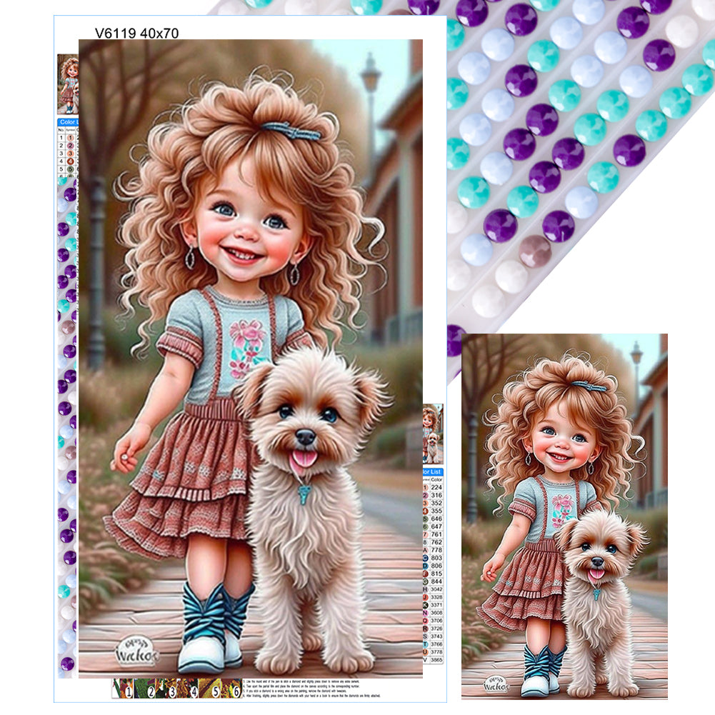 Little Girl With Puppy - Full Round Drill Diamond Painting 40*70CM