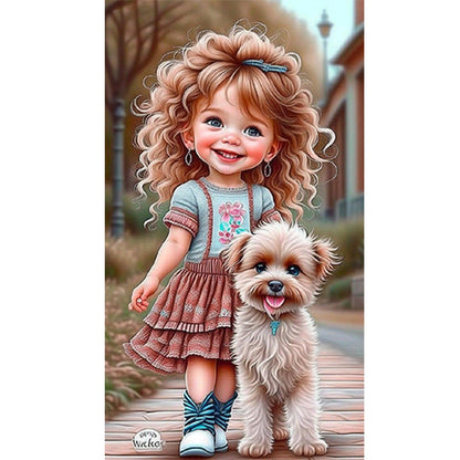 Little Girl With Puppy - Full Round Drill Diamond Painting 40*70CM